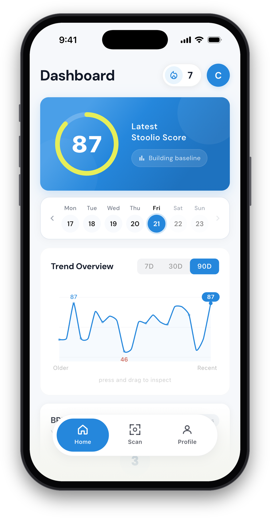 The Stoolio app dashboard: a latest Stoolio Score of 87, a seven-day streak, and a 90-day trend chart.
