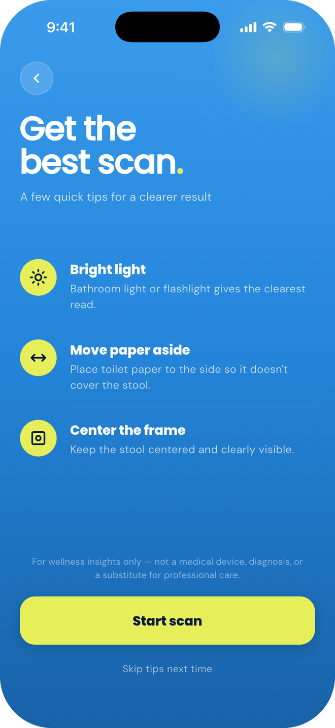 Stoolio scan tips: use bright light, move toilet paper aside, and keep the frame centered.