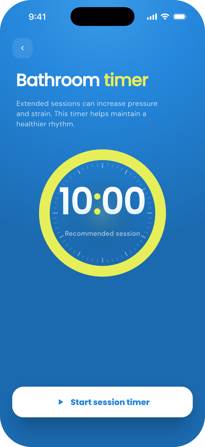 Stoolio bathroom timer set to a ten-minute recommended session.